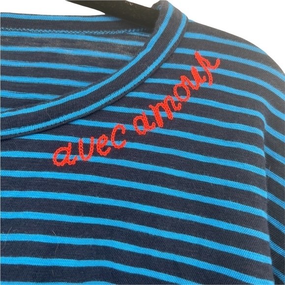 J. Crew Blue Striped Avec Amour Embroidered Boat Neck Shirt Size Medium Women’s - Picture 4 of 7